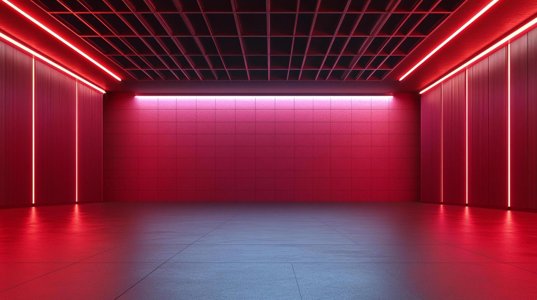 A spacious modern room bathed in red neon and pink ambient light, featuring a tiled wall and a dark grid ceiling. Abstract interior design. photo