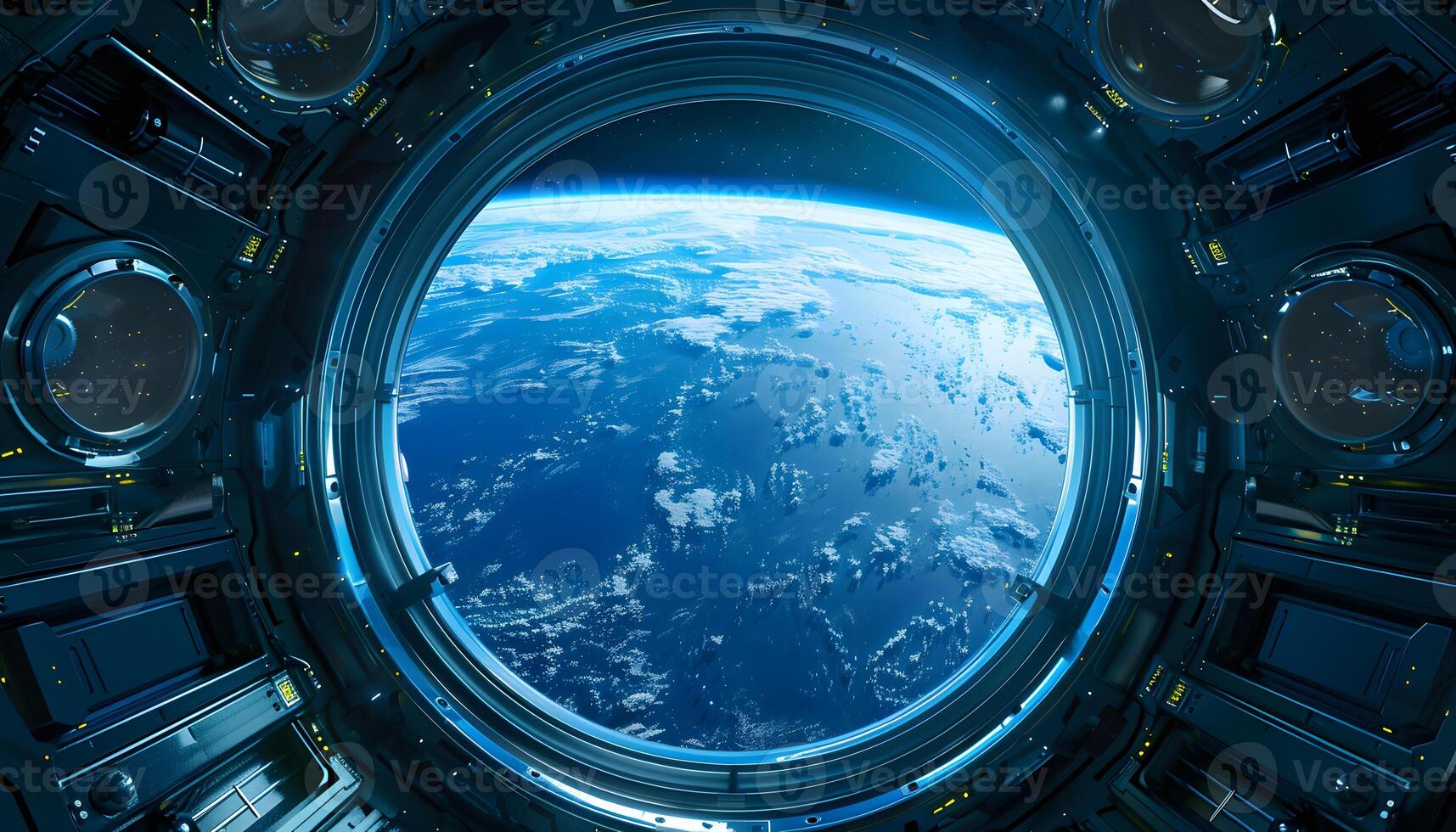 View of Earth from Spacecraft Window with Stunning Blue Atmosphere photo