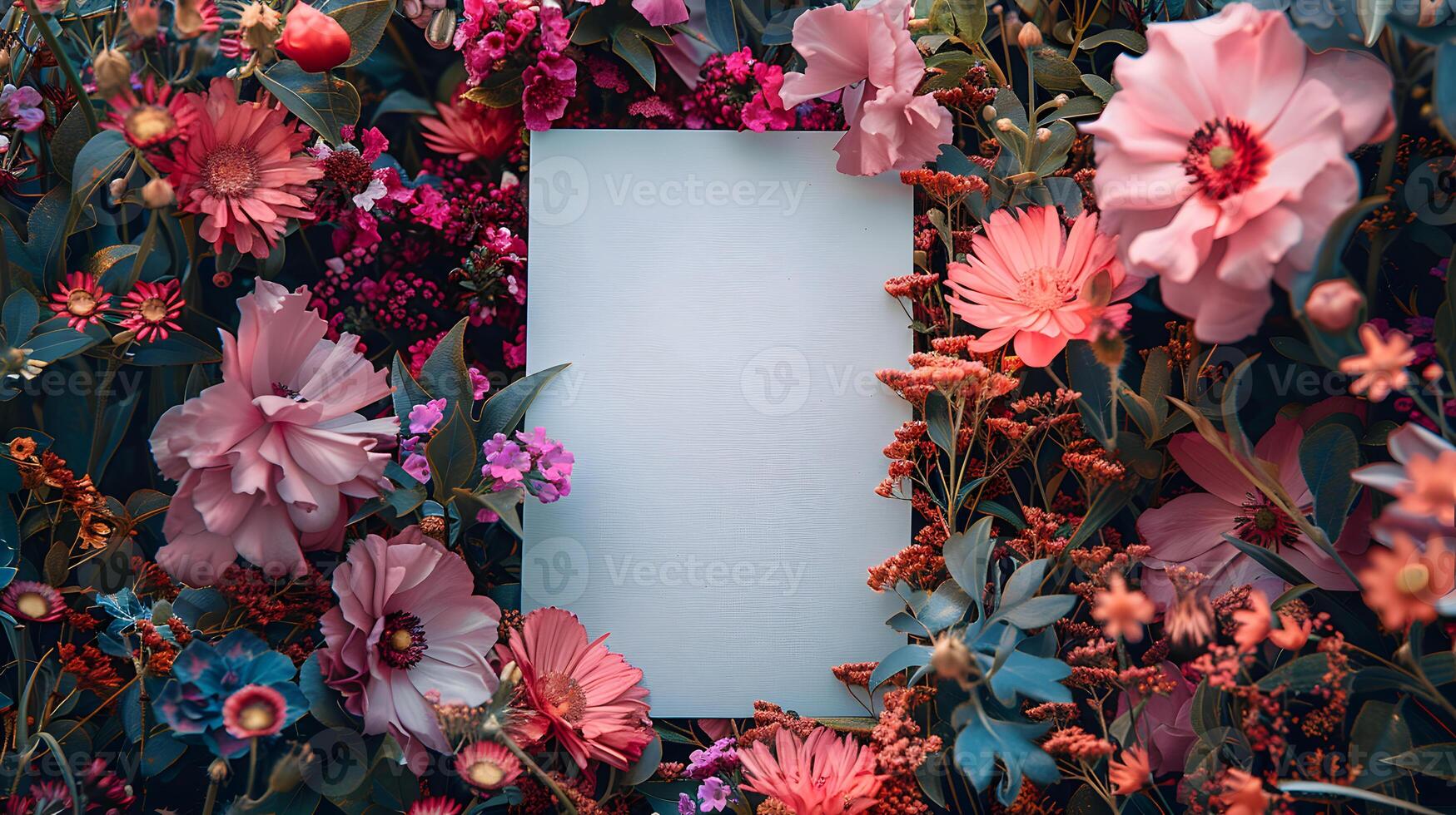 Pink flowers and leaves encircle a white card for a creative arts project photo
