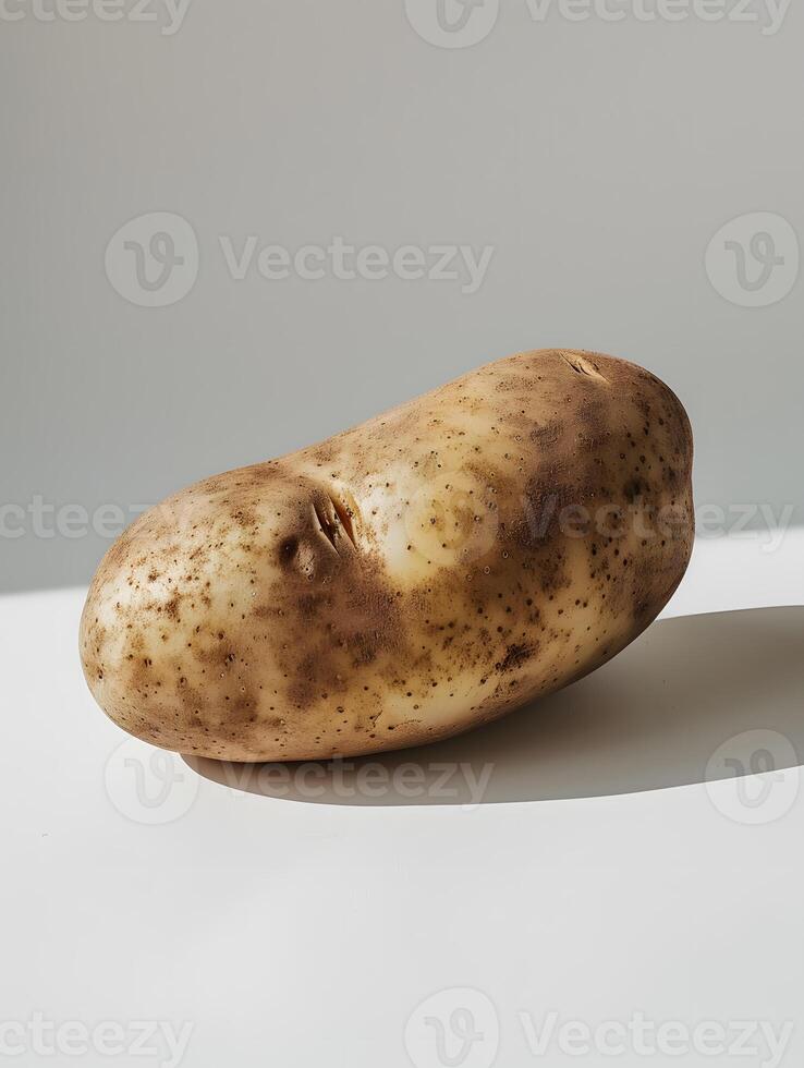A potato rests on a white surface for a still life photography project photo