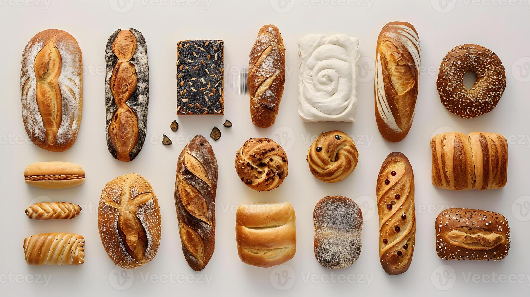 Assorted breads and pastries displayed on a white surface photo