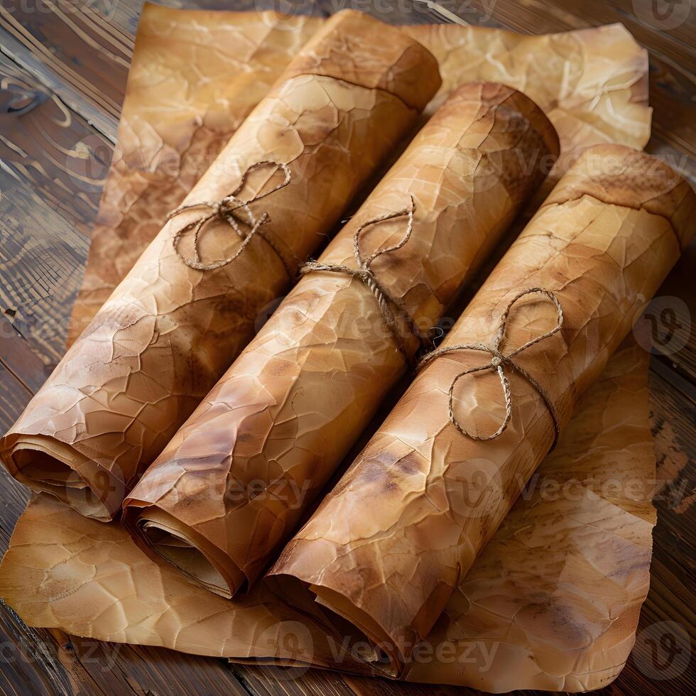 Three rolls of brown paper tied with string on a wooden table photo