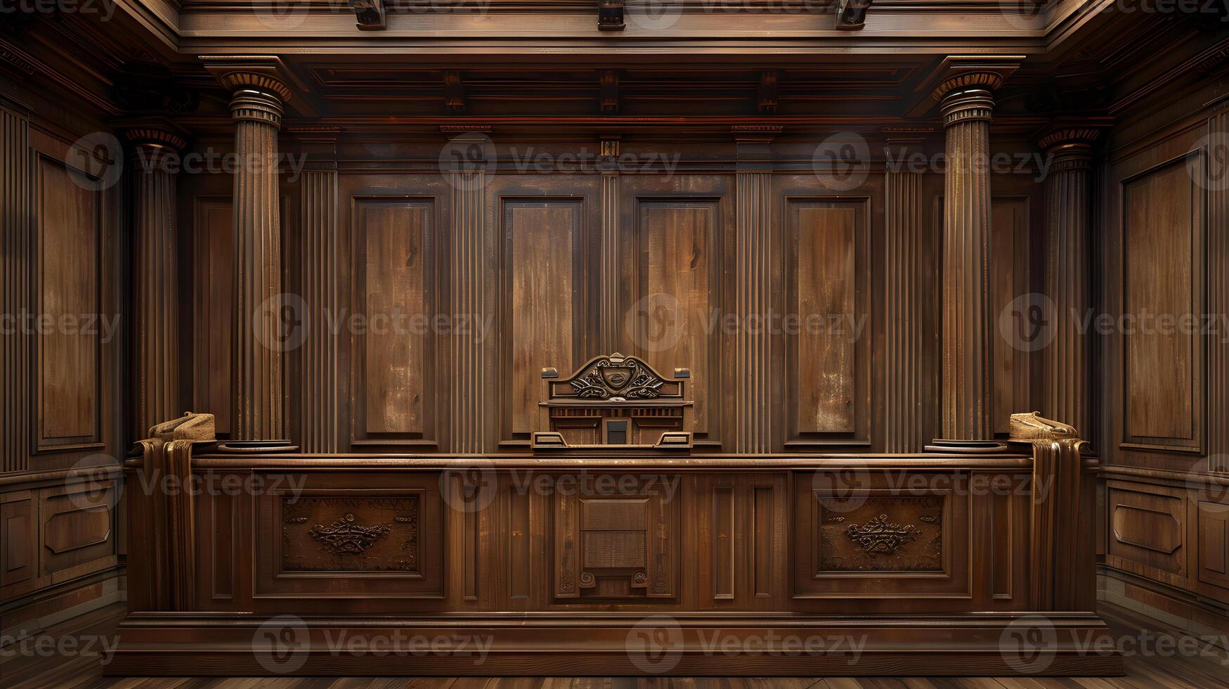 Elegant Wooden Courtroom Interior with Columns and Judge's Bench photo