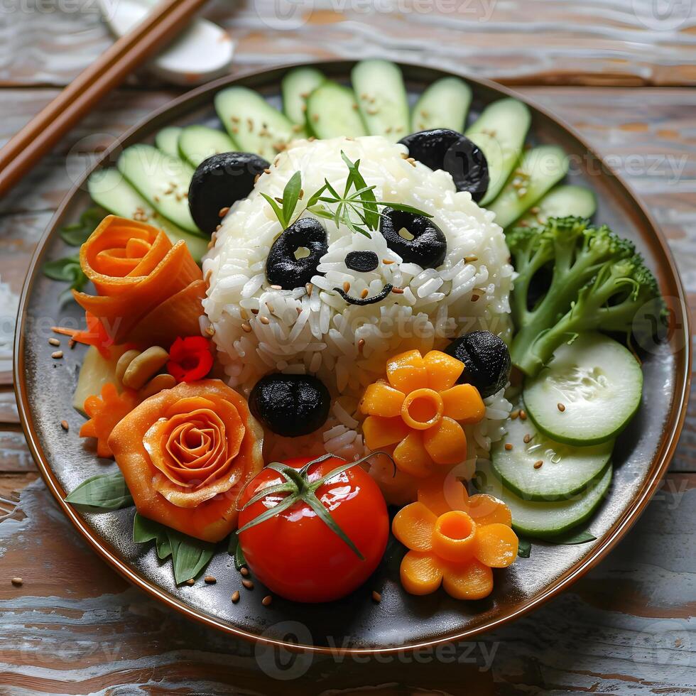 Pandashaped dish made of jasmine rice and vegetables photo