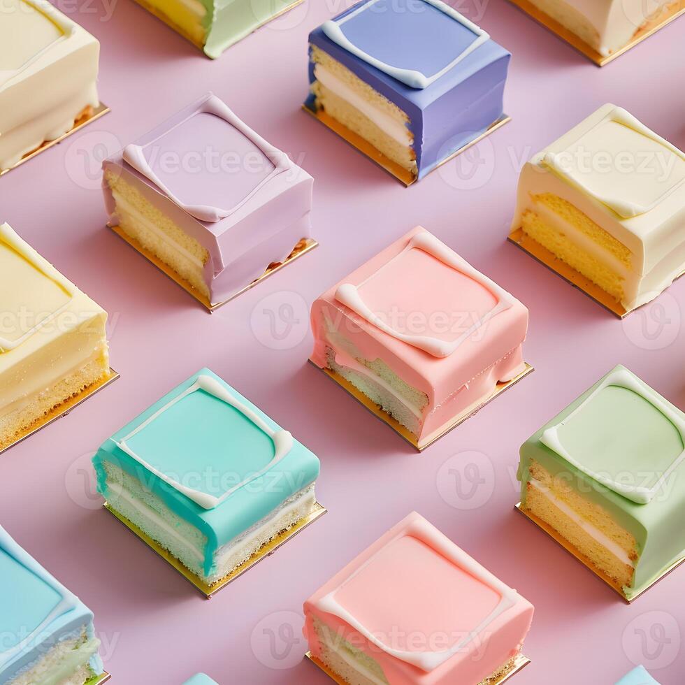 Colorful square cakes on pink surface made with various ingredients photo
