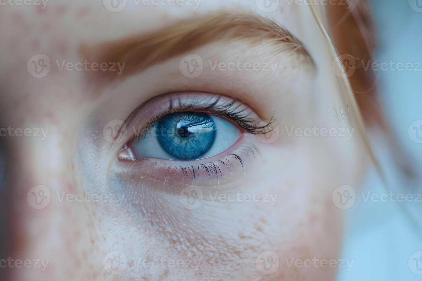 Closeup of a blue eye with freckles, showing iris, eyelashes, skin photo
