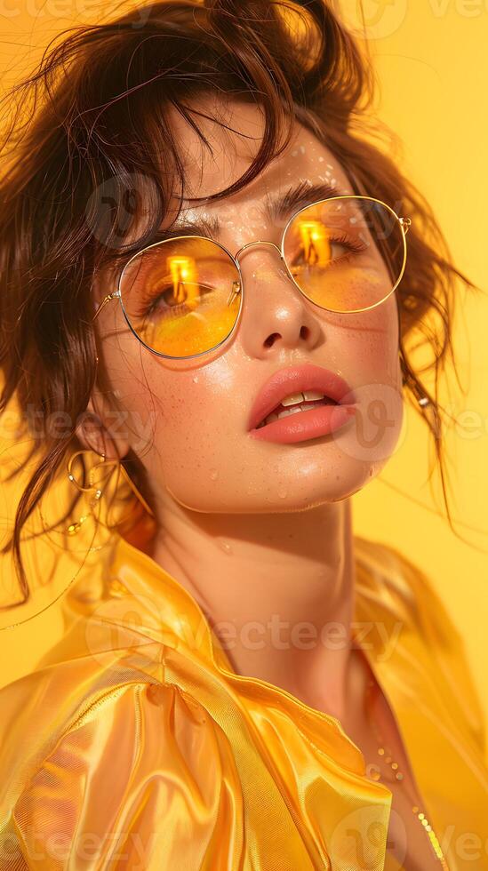 Closeup of a cool woman in yellow glasses and jacket photo