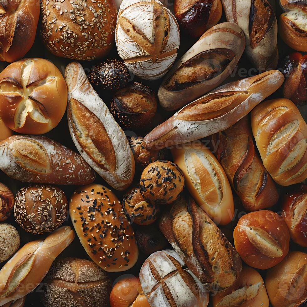 Various types of bread displayed on a table with natural ingredients photo