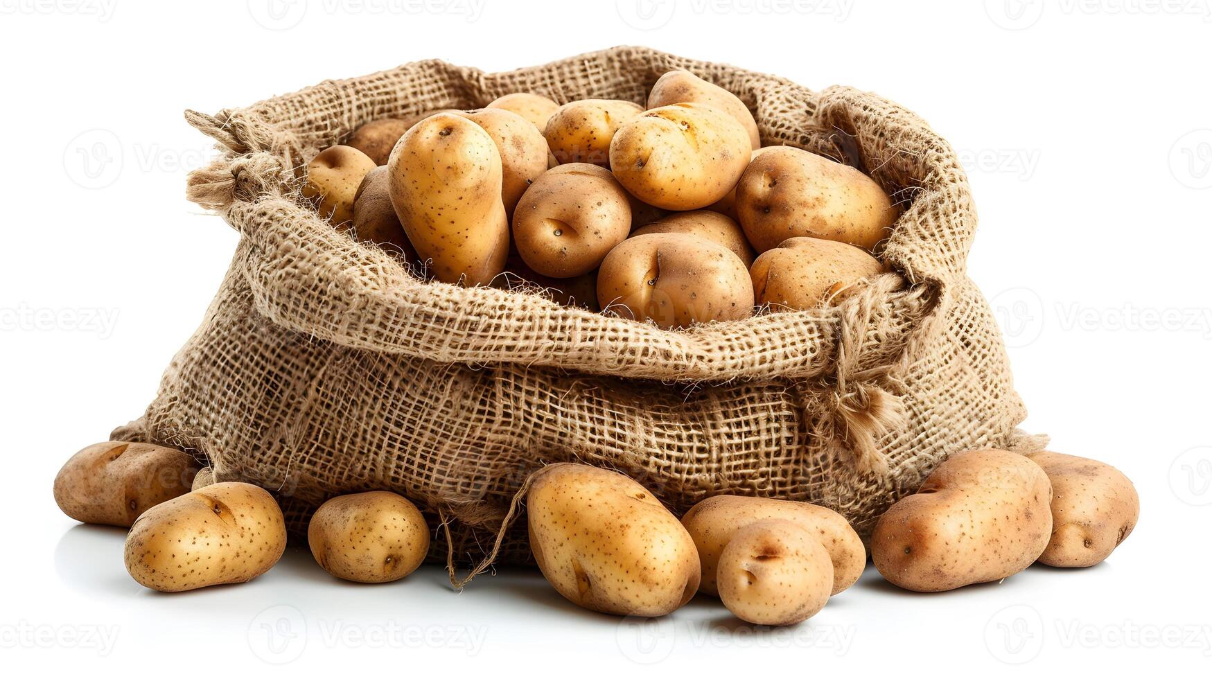 A sack of potatoes rests on a mound of spuds, a staple food photo