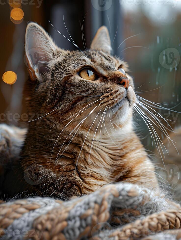 Felidae carnivore resting on blanket, gazing out window with whiskers and fur photo