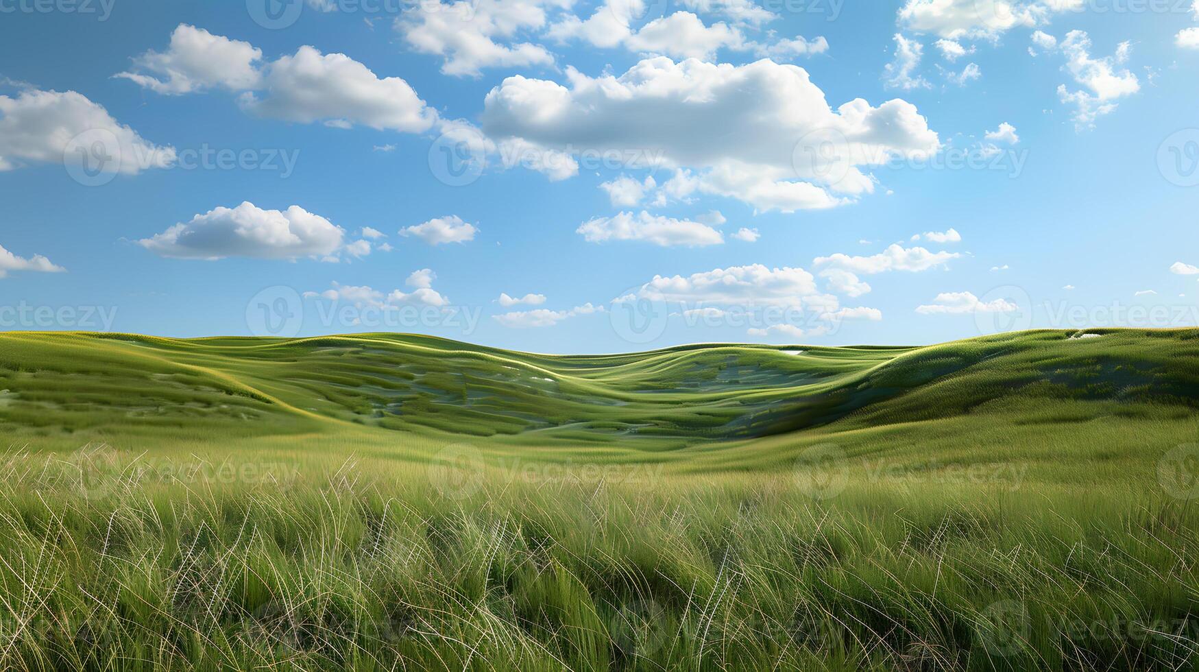 Rolling Green Hills and Blue Sky with White Clouds photo