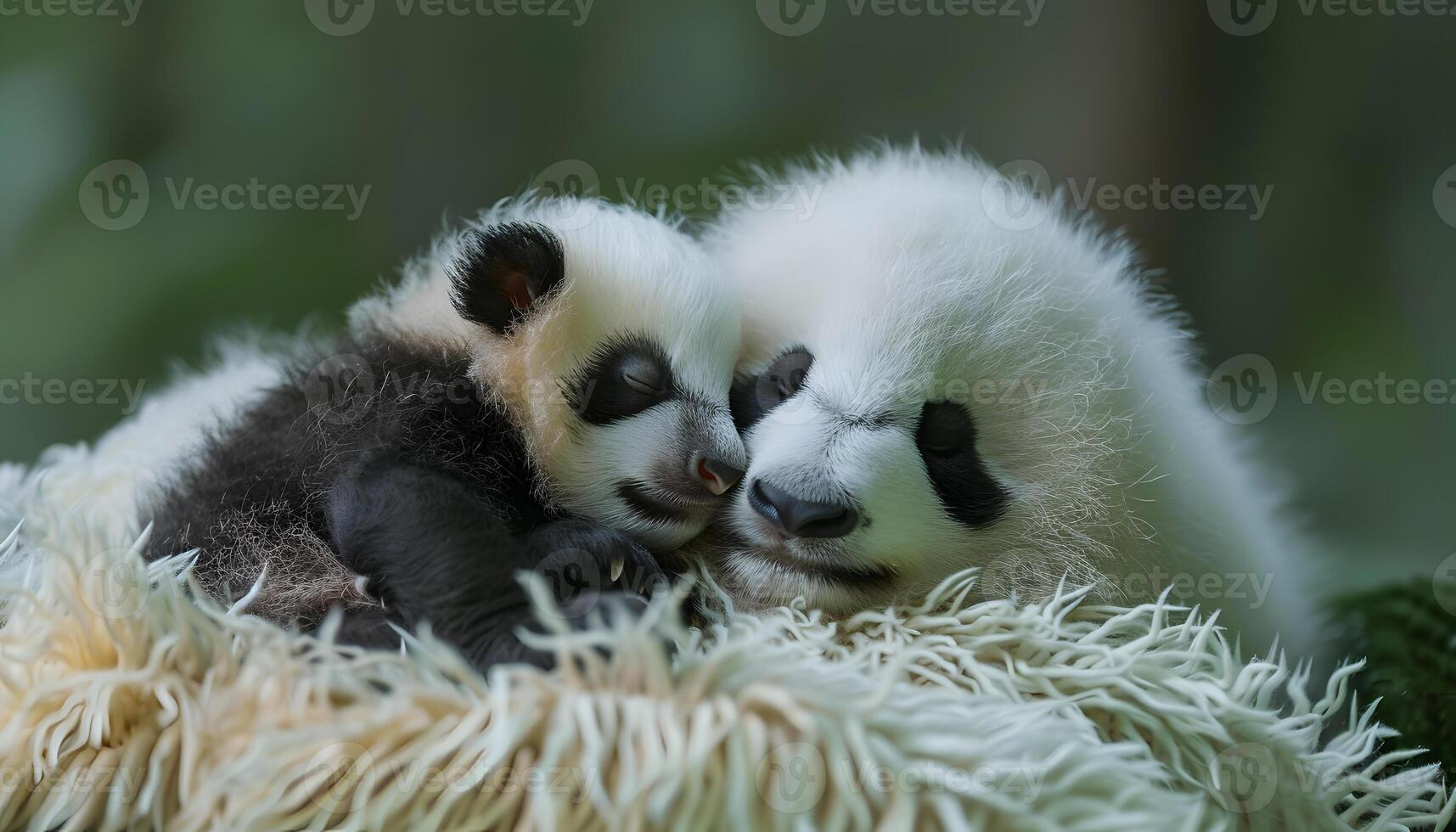 two baby panda bears are sleeping next to each other on a fluffy blanket photo