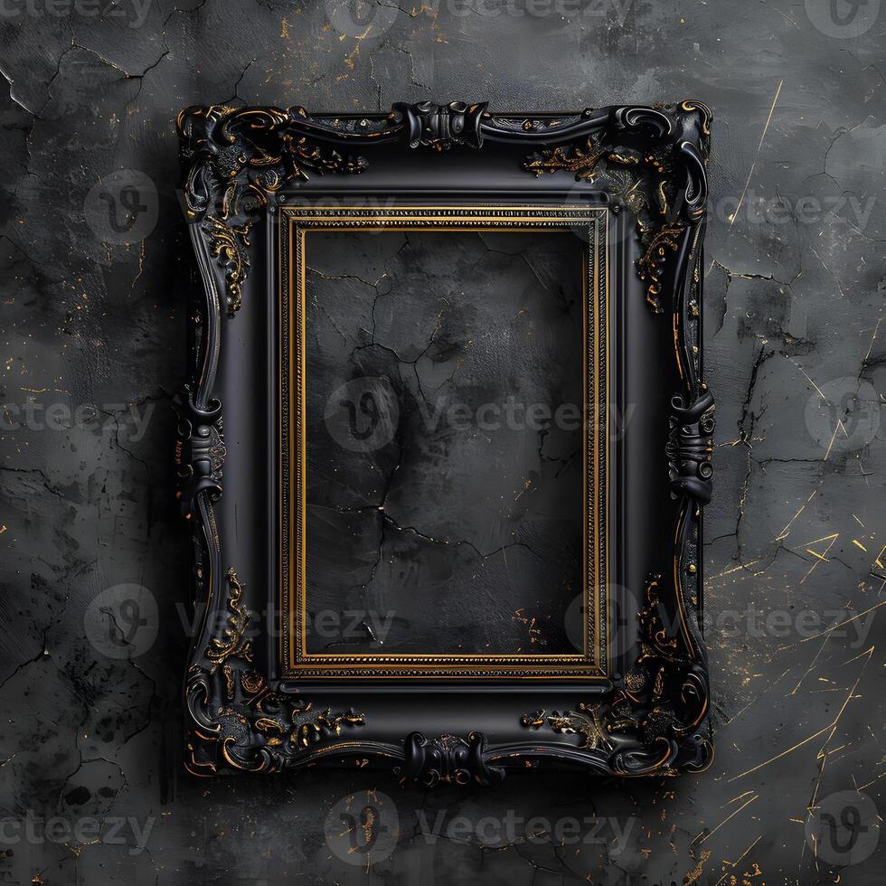A brown wood rectangle picture frame hangs on a dark wall photo