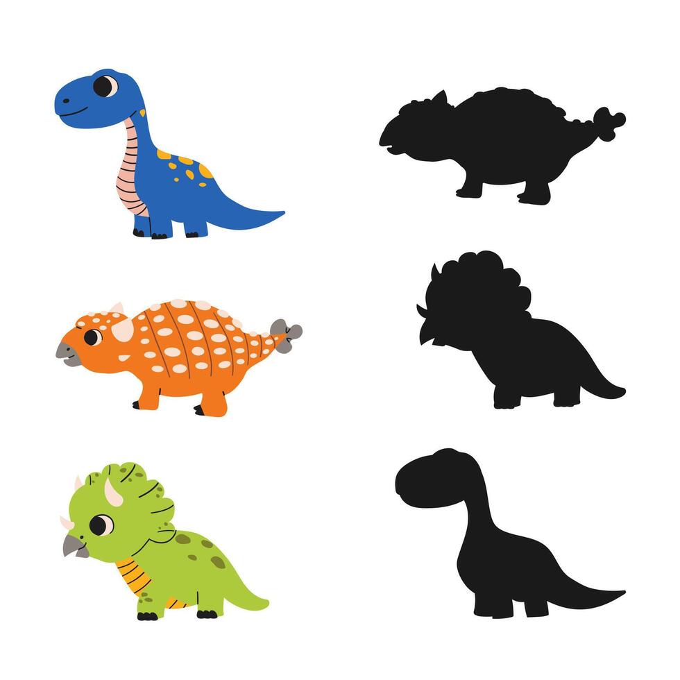 Cute dinosaur, find correct shadow shape. Children education puzzle matching game. Search right silhouette. Kid logical task. hand drawn illustration vector