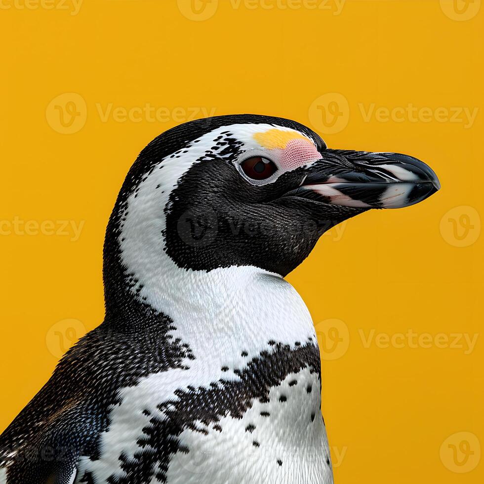 Flightless bird, Penguin, with black and white feathers on yellow background photo