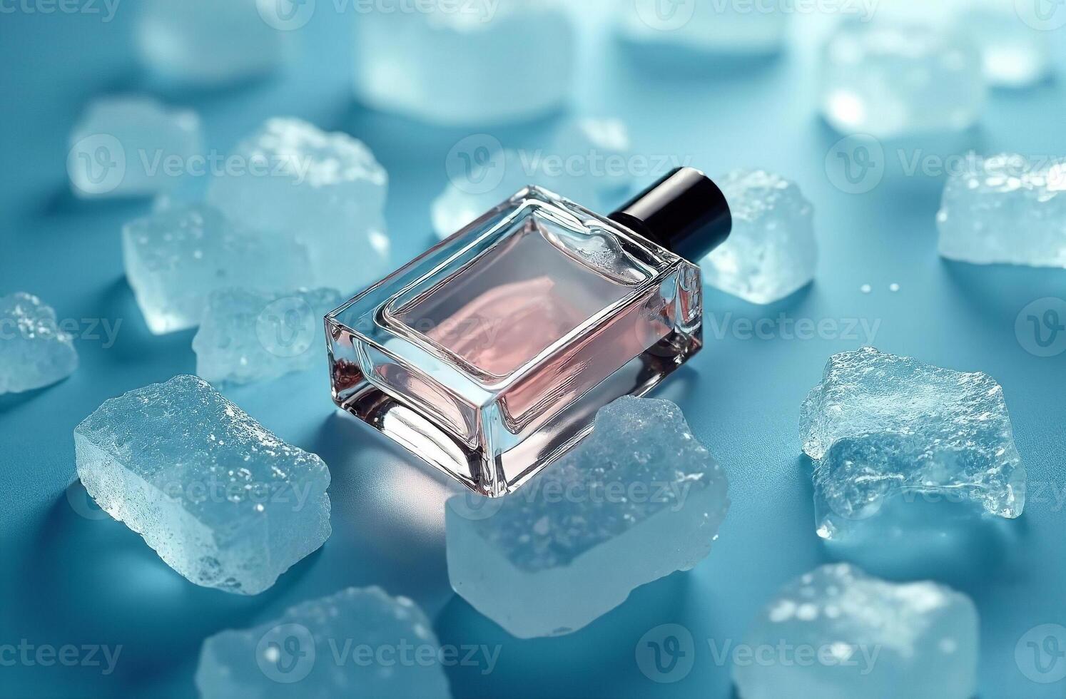 Mockup Clear bright Glass Packaging Perfume Bottle in pieces of ice photo