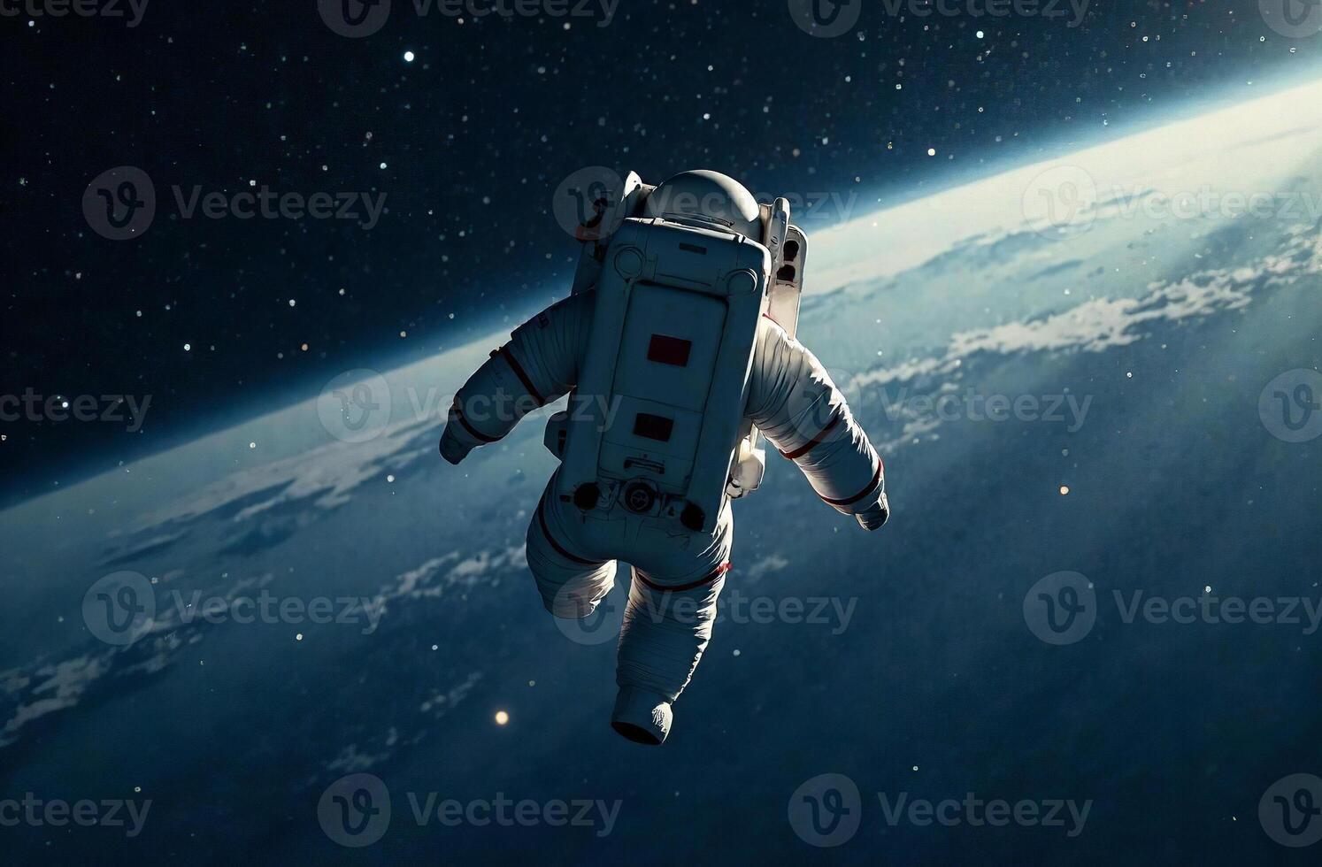 Astronaut black in spacesuit in outer space flies in zero gravity photo