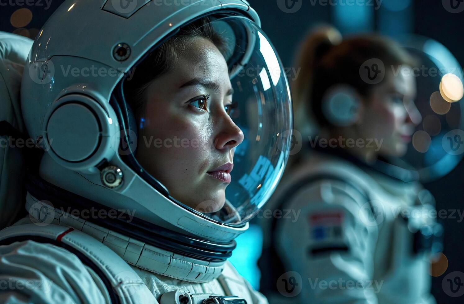 Portrait woman shadowy astronaut in spacesuit helmet background of cosmos photo