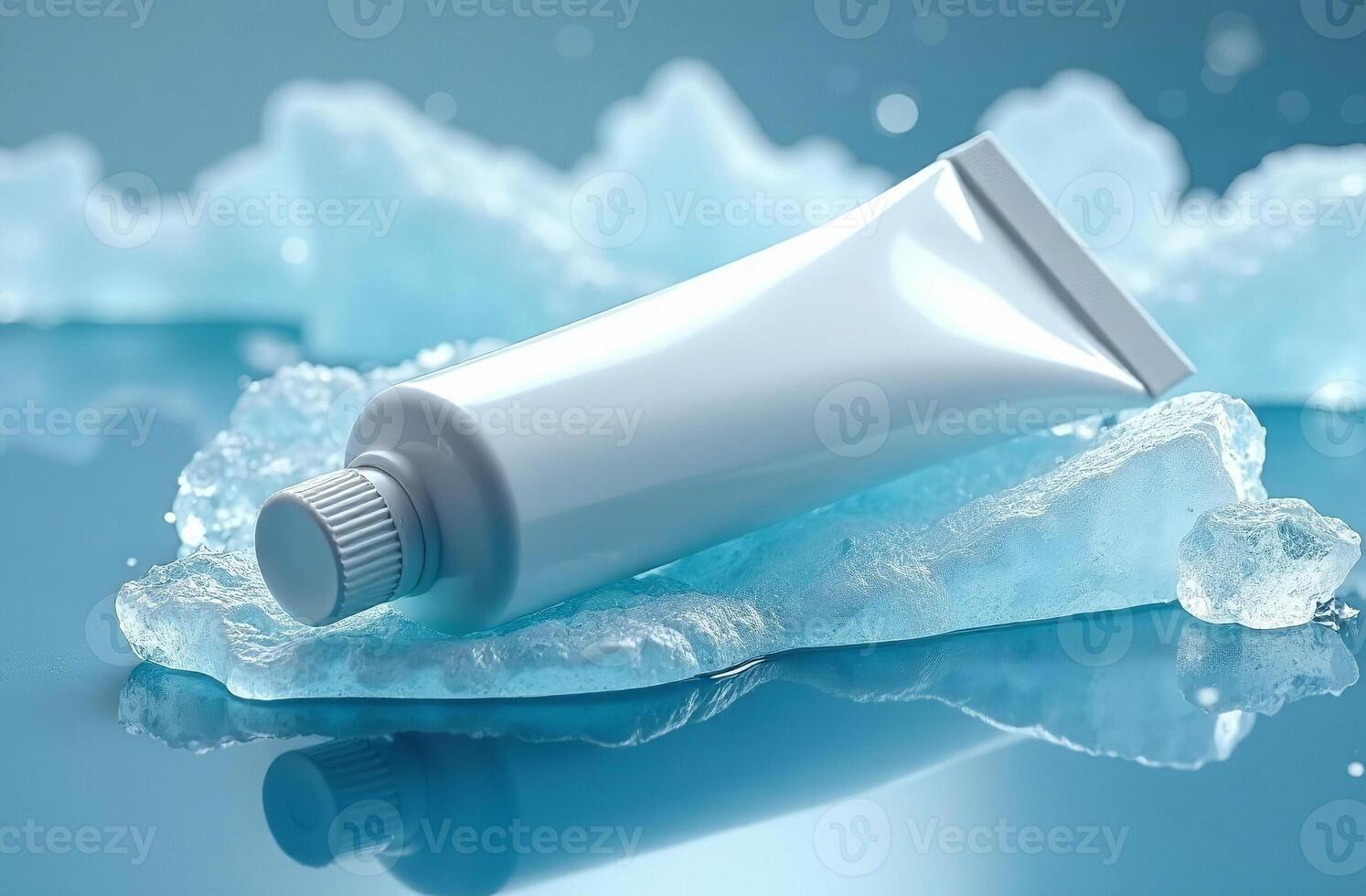Mockup fair White Tube Bottle Cosmetic Jar in pieces of ice photo