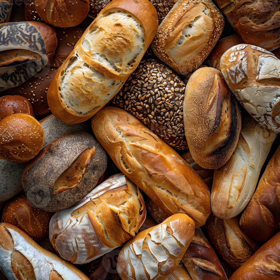 Assorted bread stacked together, showcasing different textures and shapes photo