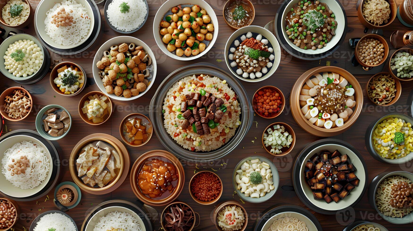 Assorted Dishes on a Wooden Table Top View Culinary Variety photo