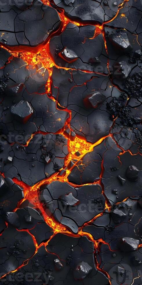Cracked lava surface with fiery cracks, showing volcanic eruptions photo