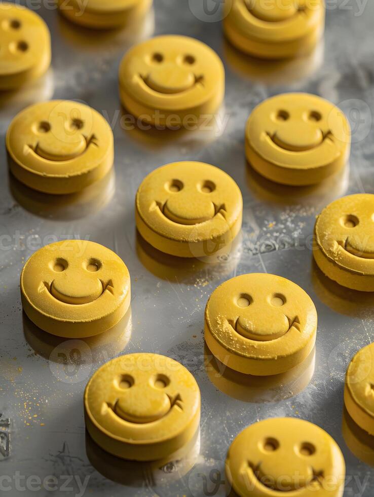 Yellow smiley face pills for baking fun and finger food delight photo