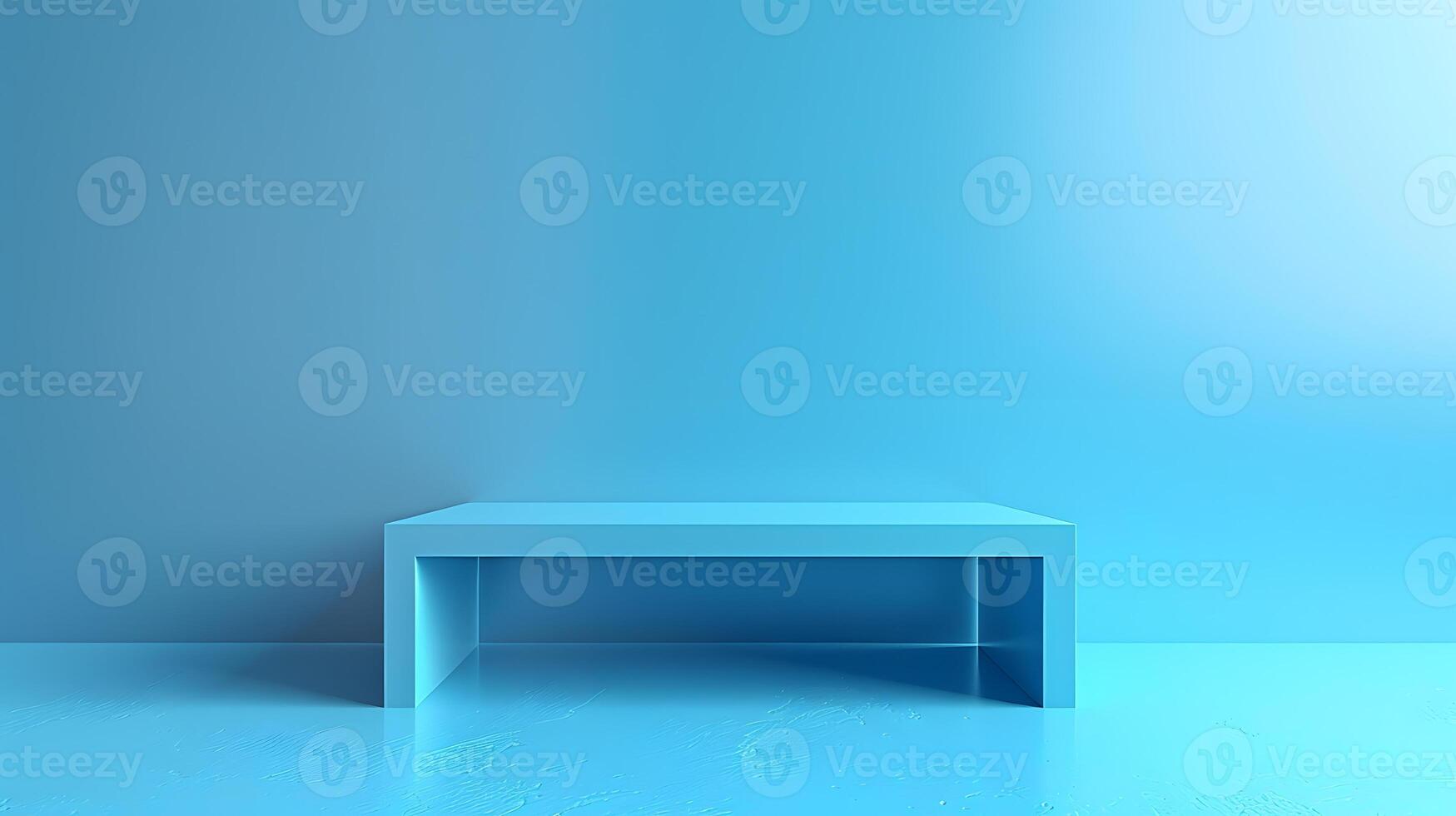 Blue table in a room with blue walls reflecting an aqua sky photo
