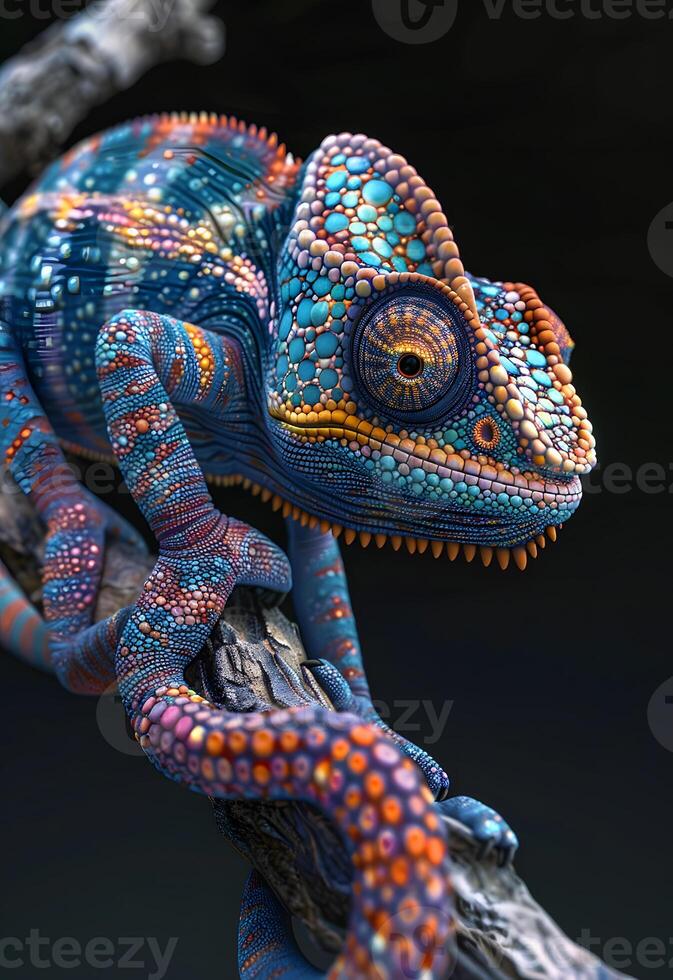 A scaled reptile, organism, in electric blue sits on a terrestrial plant branch photo