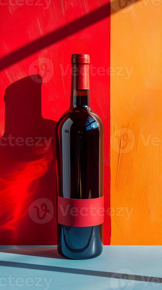 A red wine bottle with a red label rests on the table photo