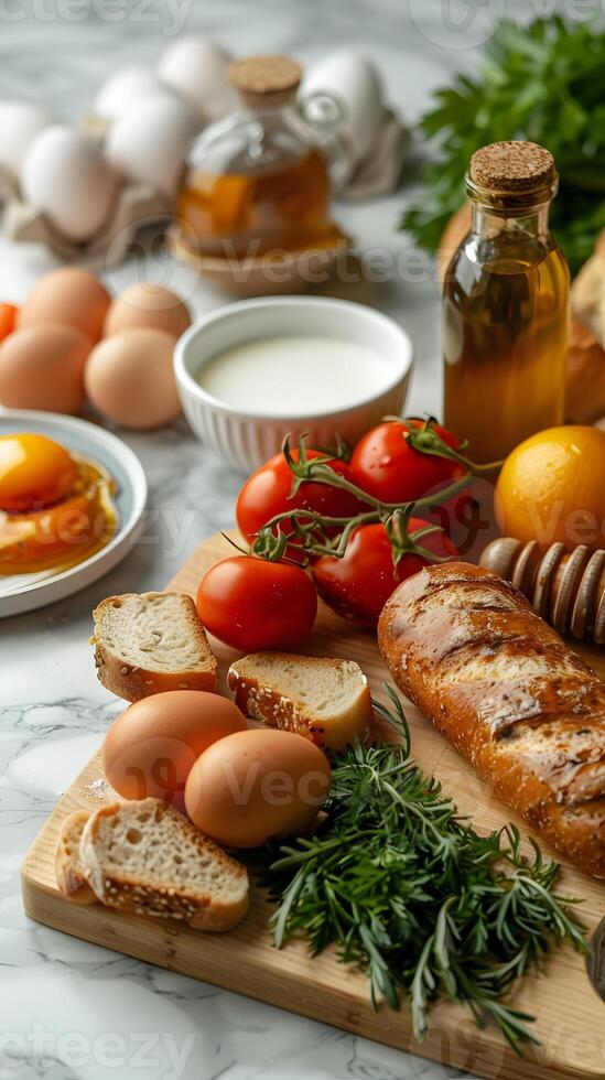 Wooden cutting board displaying food ingredients like bread, eggs, and tomatoes photo
