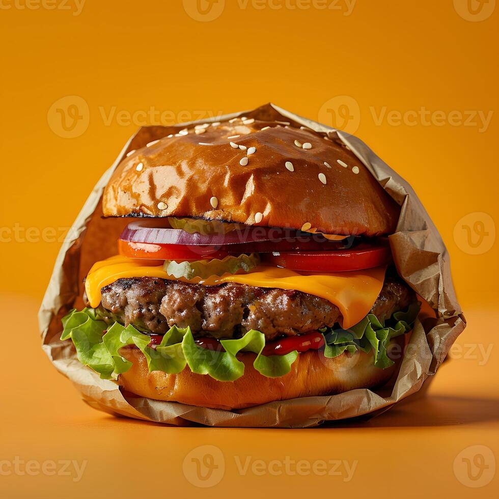 Fast food staple Hamburger on a bun, wrapped in brown paper photo