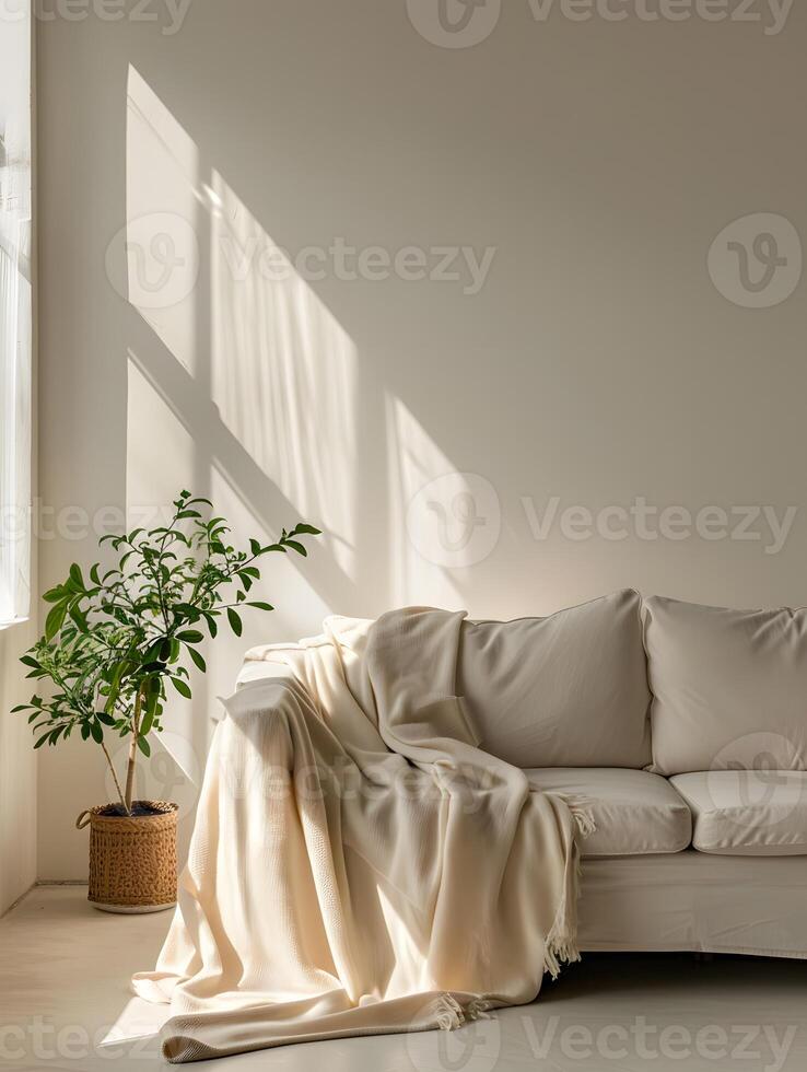 Cozy Minimalist Living Room with Beige Sofa and Green Plant photo