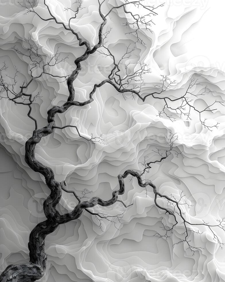 Artistic black and white photo of leafless tree branch against white background