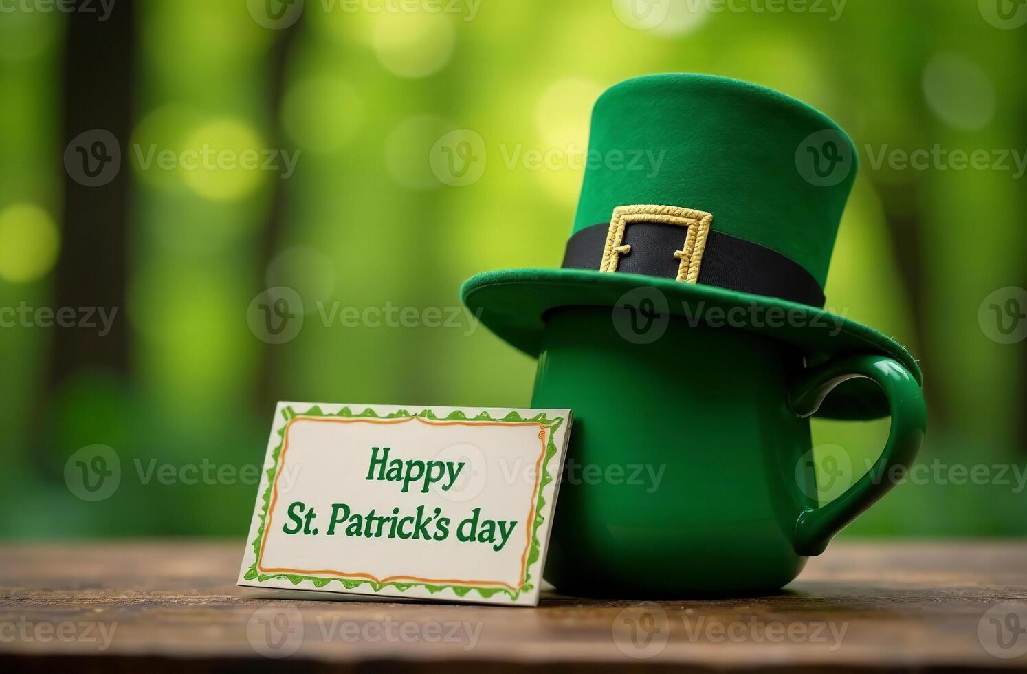 St. Patrick's Day lovely postcard leaning Irish hat on Green Background photo