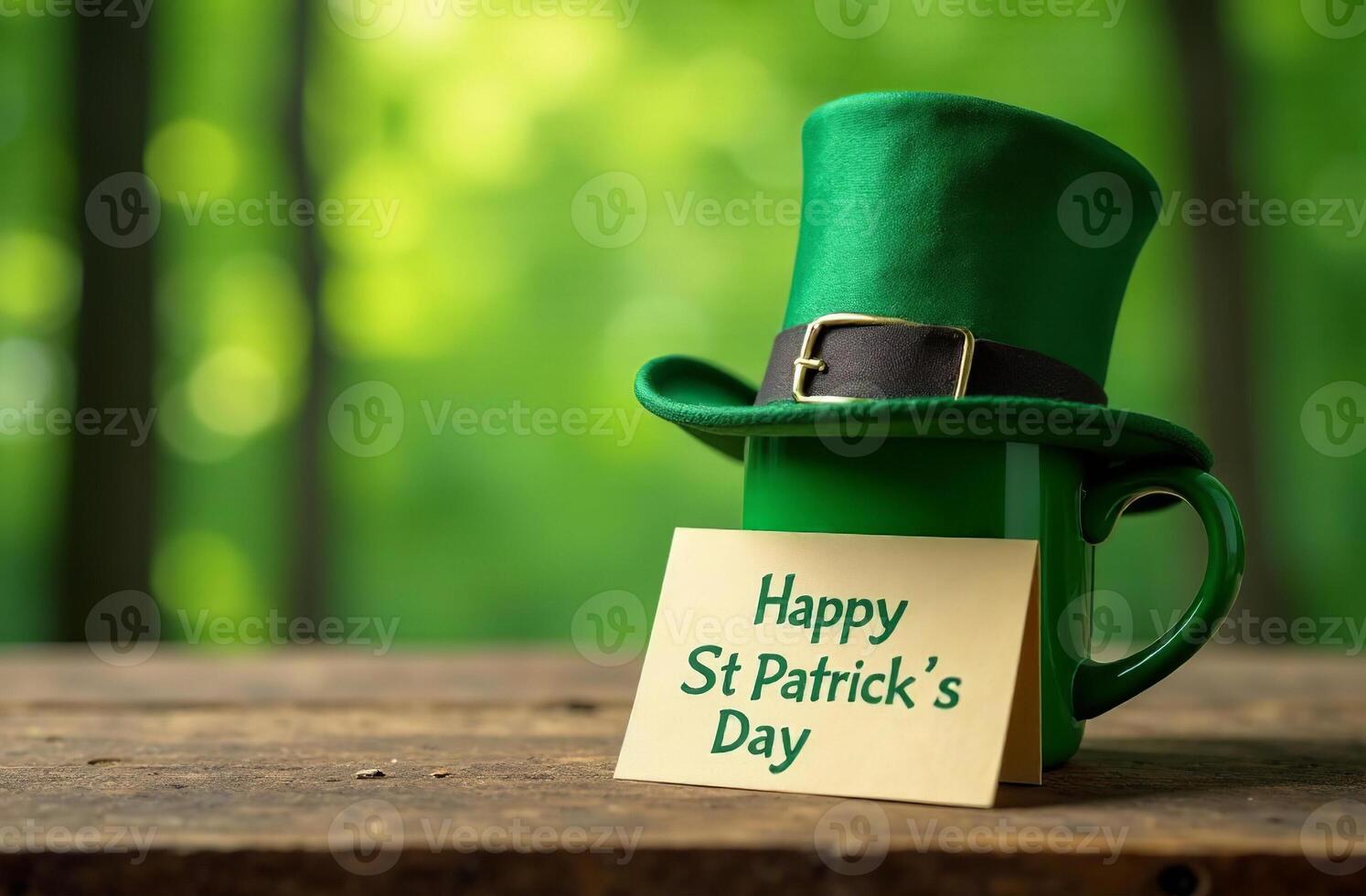 St. Patrick's Day postcard leaning lovely Irish hat on Green Background photo