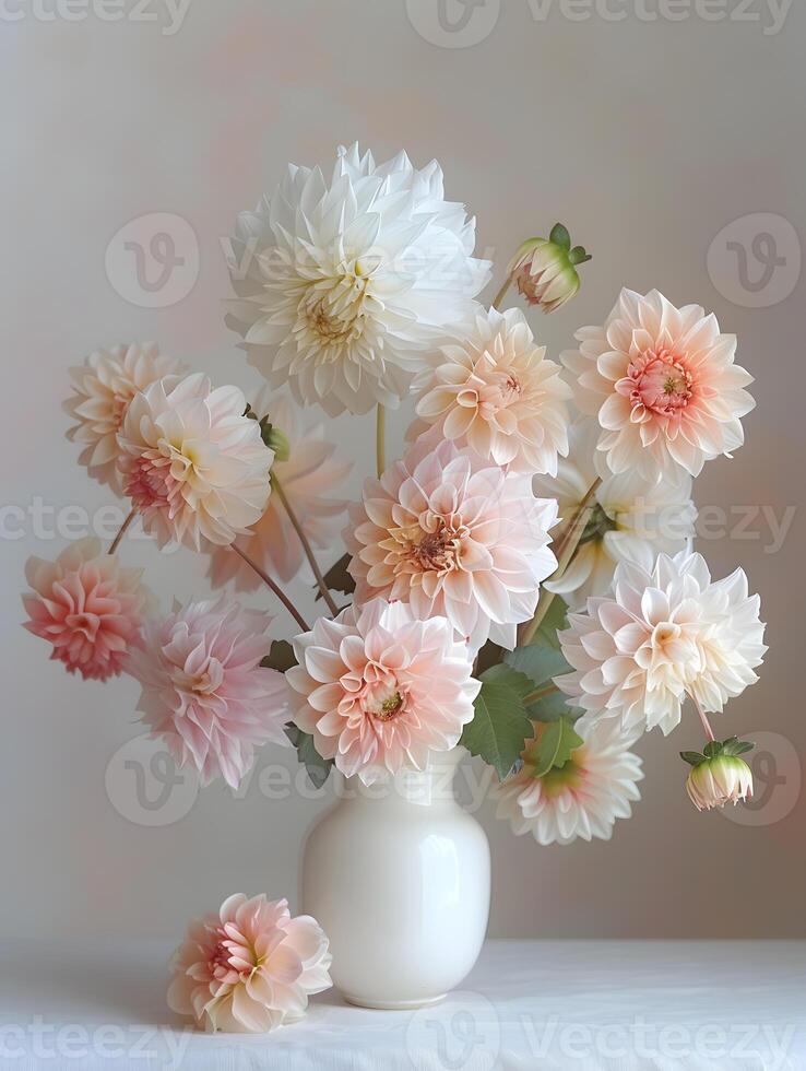 A flowerfilled vase adorns the table with pink and white blooms photo