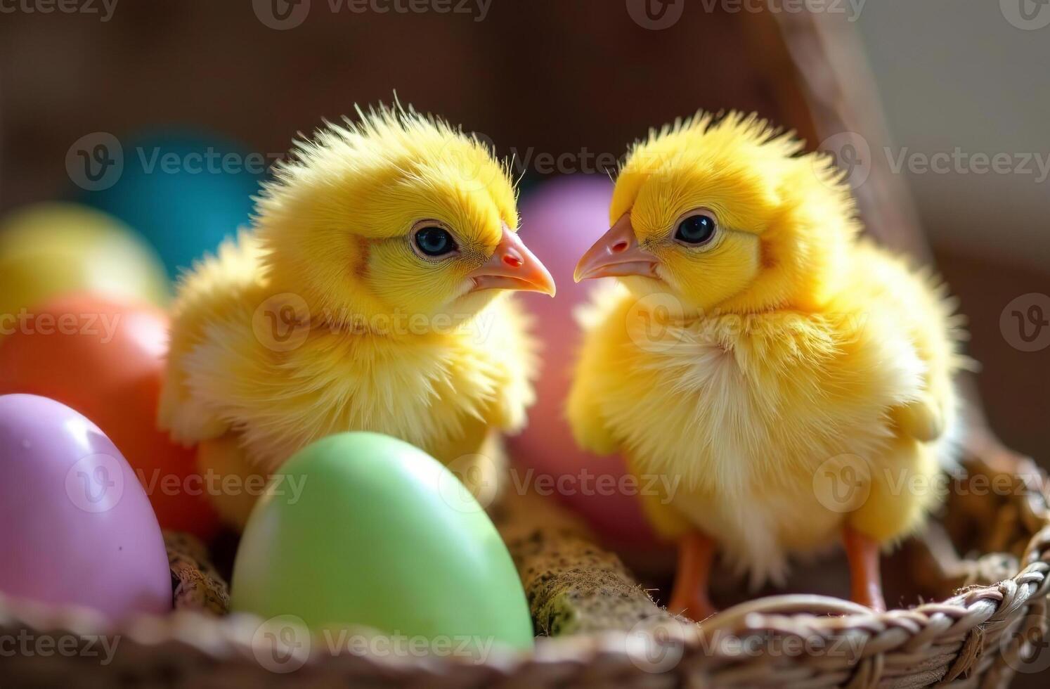 Chickens cute and colorful Easter eggs in henhouse card photo