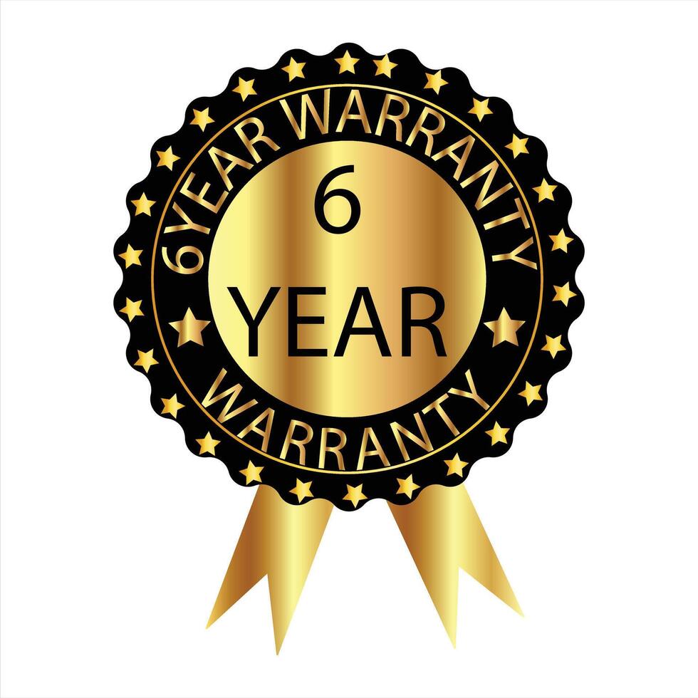 Professional 6-year warranty badge in gold and black, representing extended warranty, high-quality service, and product trust. vector