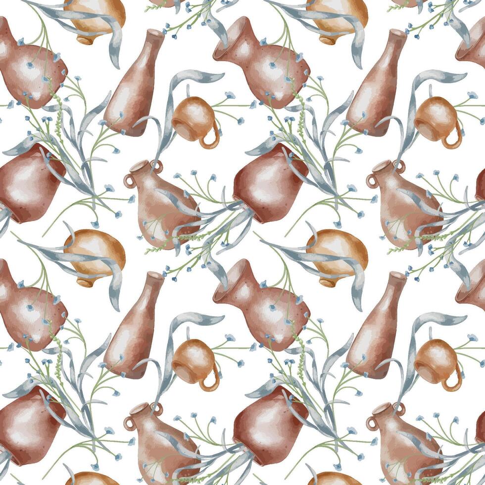 Vases various shape in sepia tone with blue botanical elements watercolor seamless pattern isolated. Leaves and flowers in jug hand drawn endless background for pottery themes textile, package. vector