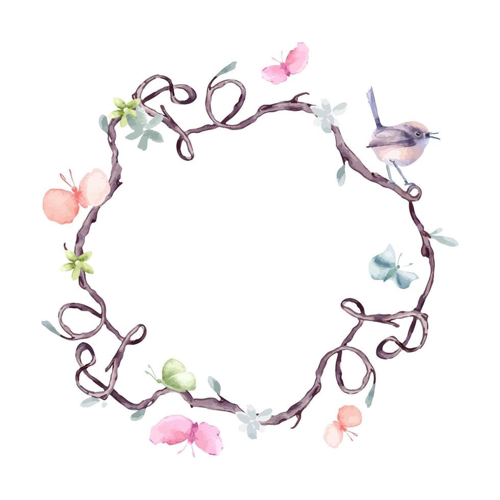 Wavy branches heart shaped in circle frame with watercolor birds, butterflies isolated. Wreath of curvy vine tree, delicate flowers hand drawn for natural designs, Valentine day, romantic greeting. vector