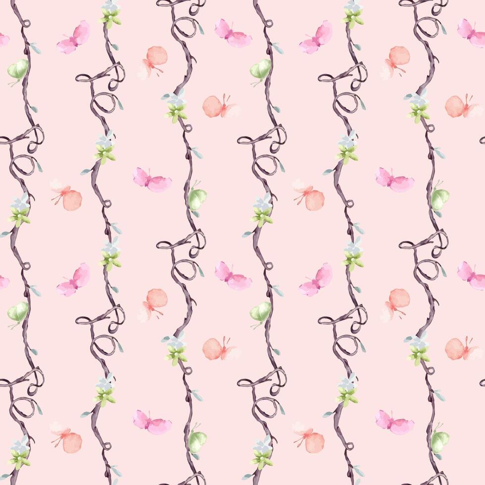 Watercolor pink butterflies, gentle flowers and twigs watercolor seamless pattern on pink. Tree on repeating background design textile. Vertical curly lines hand drawn botany wallpaper, package vector