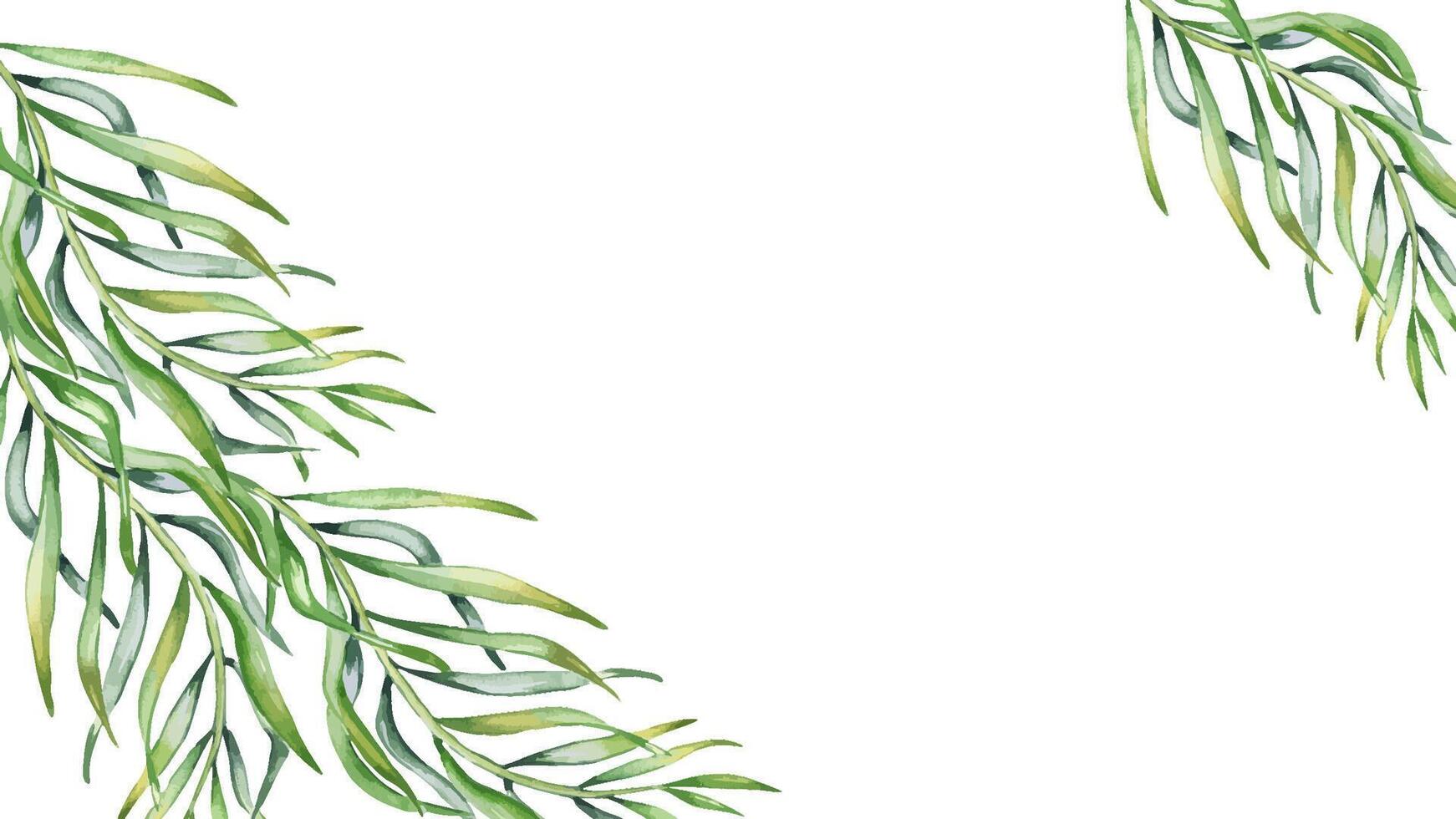Greenery palm watercolor border. Branch green leaves banner isolated. Tropical plant acai hand drawn in botanical style. Foliage frame for wedding invitations, textile, package vector