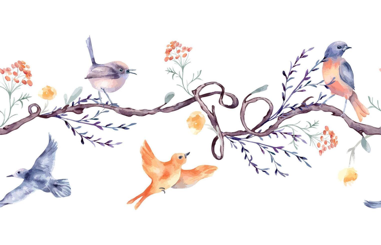Colorful birds on vine of heart shape by watercolor seamless banner isolated. Romantic branch with delicate flowers on repeating border hand drawn. Avian pattern with floral elements for textile vector