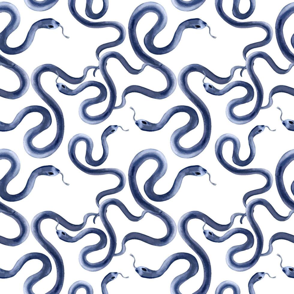 Black snakes watercolor seamless pattern isolated on white. Animal print of dark blue snake viper on monochrome repeated background hand drawn for gothic designs, textile, wallpapers vector