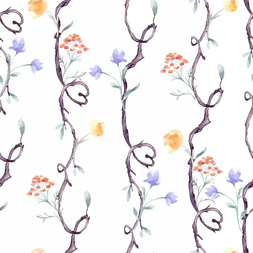 Branches, flowers and hearts by watercolor seamless pattern isolated. Vertical tree repeating background with delicate orange blue hand drawn flowers . Nature wallpaper with botanical plant elements vector