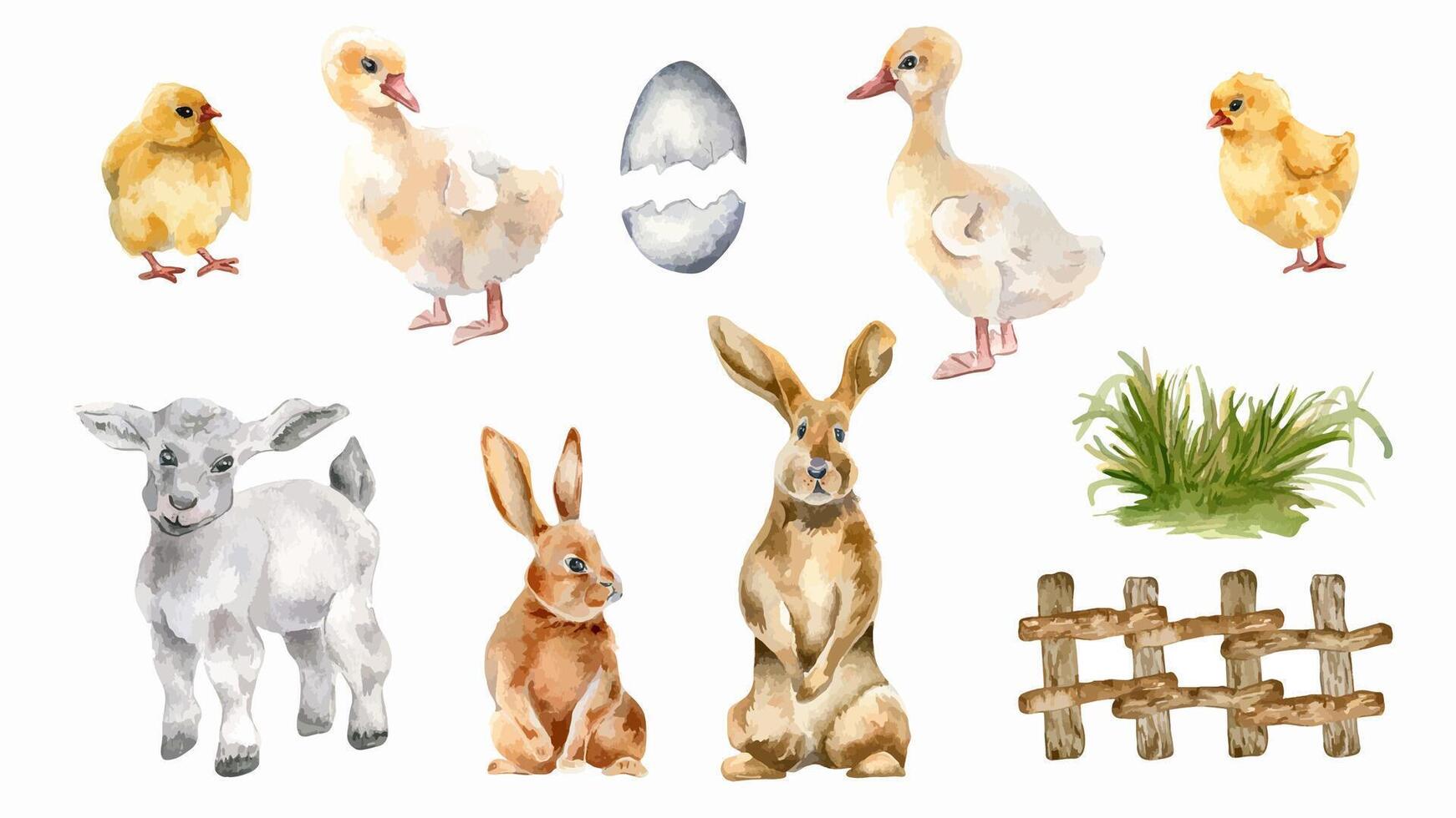 Easter animals set of fluffy chicks, ducklings, bunnies, and a lamb watercolor illustration isolated. Farm animals babies, rustic fence and bush of grass hand painted for spring-themed designs, books. vector