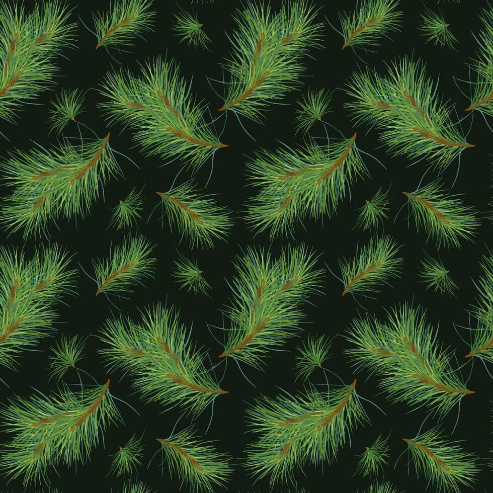 Pine branches on seamless watercolor pattern isolated on black. Christmas botanical endless background. Christmas tree branches for wrapping paper, fabric, wallpapers, and seasonal package. vector