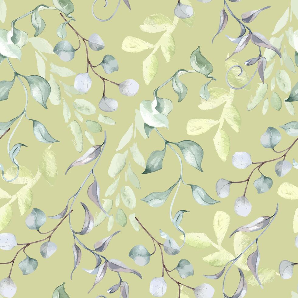 Watercolor seamless greenery pattern with twigs eucalyptus, leaves in sage green isolated. Botany background with repeating branches in pastel tones hand drawn for design textile. Foliage texture vector