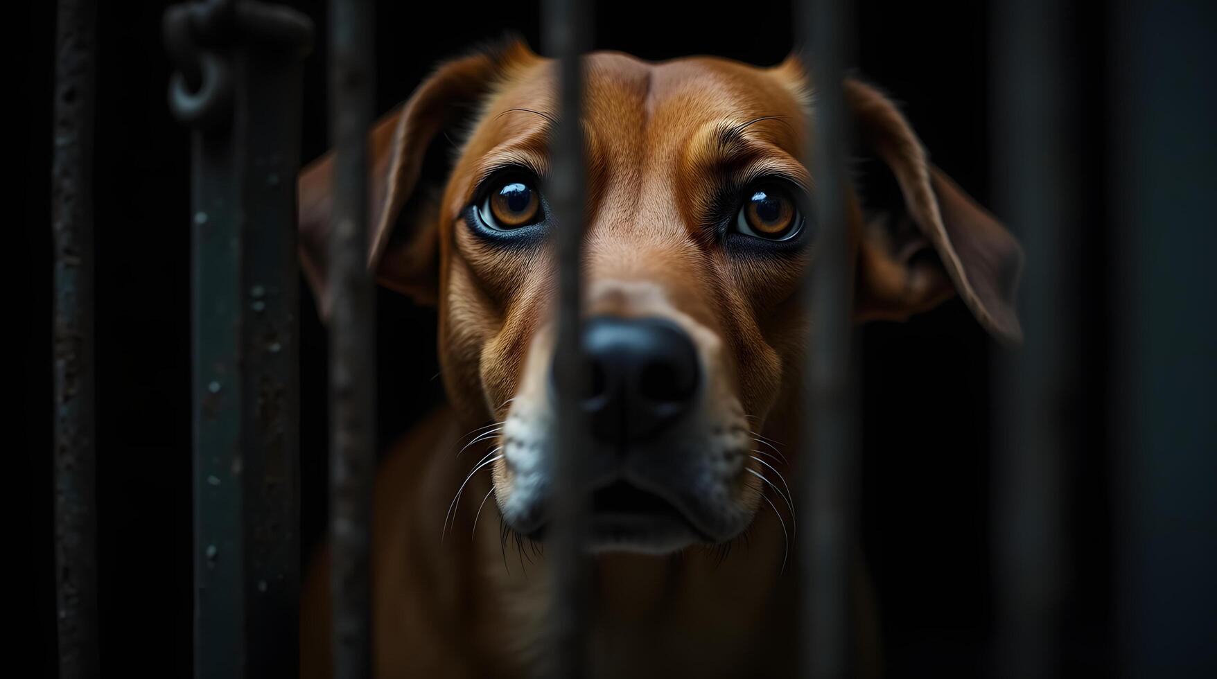 Dog Behind Bars Looking Sad with Large Eyes in Dark Setting photo